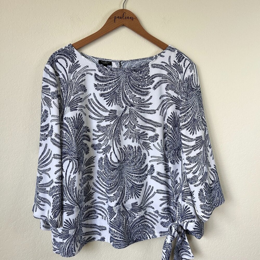 Talbots Top Womens 20WP Plus Navy Blue Floral Palm Print Side Tie Blouse